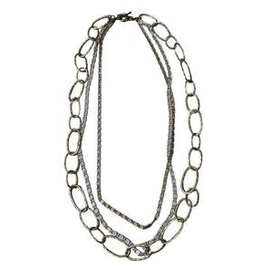 Rare Lucky Brand Gold Silver Multi Chain Long Hammered Links Statement Necklace